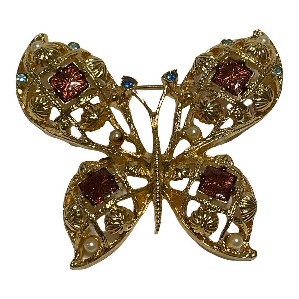 Vtg AVON Large Butterfly Gold Tone Brooch Pin Open Work Rhinestone Renaissance